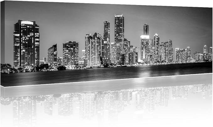 Miami Skyline Wall Art for Living Room Downtown Miami Black and White Wall Art Canvas Print Modern Home Decor Pictures Skyscraper Artwork House Decor Posters Prints Ready to Hang 12x46 Inch