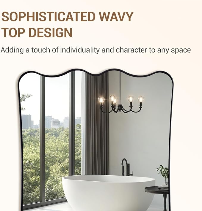 ANDY STAR 24x36 Wavy Rectangle Bathroom Mirror, Matte Black Scalloped Mirror with Curved Design, Irregular Wall Mirror for Vanity, Powder Room, Wall Decor, Stainless Steel Frame, Anti-Rust