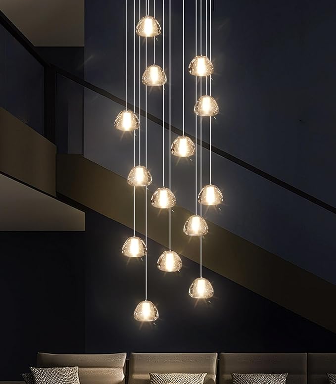14-Light Modern Chandeliers for Entrance High Ceiling Chandelier Long Lights Fixture LED Ceiling Light Bubble Crystal for Hallway Foyer Stairwell