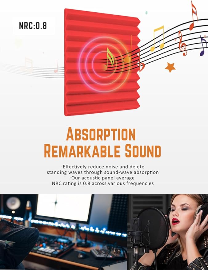Acoustic Foams Panels 48 Pack 1" x 12"x 12" Sound Proof Foam Panels for Walls High Density and Fire Resistant Soundproofing Panels Soundproof Studio Wedges Sound Dampening Panels Black Red