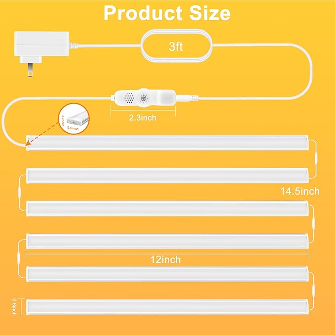 maylit Under Cabinet Lights Plug in, 6 Pcs 12 Inch Ultra Thin Under Cabinet Lighting, Super Bright Warm White Under Counter Lights for Kitchen, Dimmable Light for Cabinet, Counter, Workbench, Desk