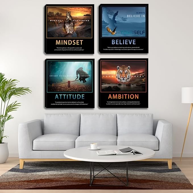 Motivational Wall Art Decor Quotes Canvas Wall Art Set of 4 Motivation Picture Prints for Home Office Canvas Painting Wall Art Poster Prints Wall Pictures Decoration Framed Ready to Hang 16"x16"x4
