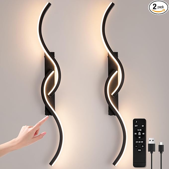 Battery Operated Wall Sconces, Rechargeable Wall Sconces, 3000K-6500K LED Wireless Wall Light, Modern Wall Lamp not Hardwired for Living Room Bedroom Hallway (Black)