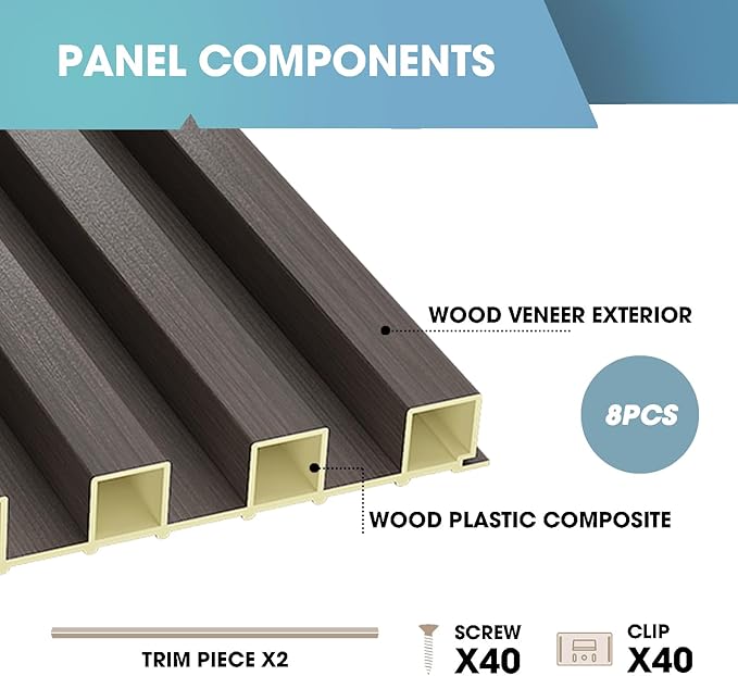 OUZUGIE WPC Acoustic Slat Wall Paneling, 8-Pack 114 x 6 Inches 3D Wall Panels for Interior Wall Decor,Living Room,TV Background,Study Room,Office Spaces,Bedroom,High Grille (Walnut)