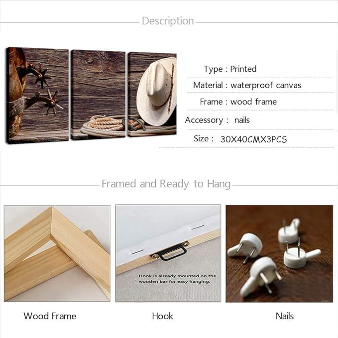 Canvas Print Wall Art Decor Western Cowboy Wall Art American Cowboy Hat Boots West Rodeo Vintage Picture Stretched Gallery Canvas Wrap Giclee Print Ready to Hang for Home Office Living Room