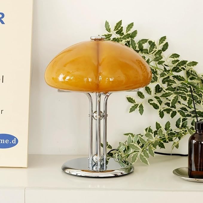 Mushroom Table Lamp with Caramel Lampshade,Art Deco Glass Desk Light with Chrome Base,Dimmable Small Nightstand Lamp,Mid Century Table Light for Living Room Bedroom