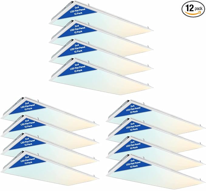 2 x 4 LED Flat Panel Lights - (Pack of 12) Dimmable Flicker-Free Ceiling Panels with 5 Color Temp Selection and 5 Wattage Selection for Drop Ceiling Light Fixtures