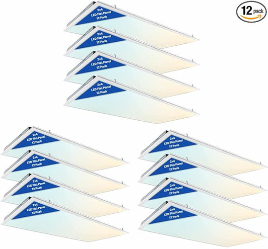 2 x 4 LED Flat Panel Lights - (Pack of 12) Dimmable Flicker-Free Ceiling Panels with 5 Color Temp Selection and 5 Wattage Selection for Drop Ceiling Light Fixtures