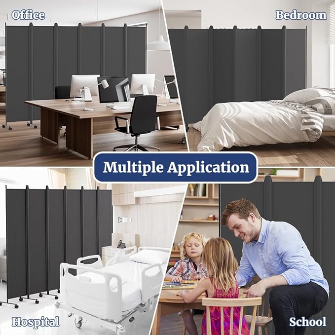 Kokorona 6 Panel Room Divider, 6FT Tall Rolling Privacy Screen with Lockable Wheels, Folding Wall Dividers Portable Room Divider for Room Separation, Included - Cover Strips, Grey, 119''W x 70''H