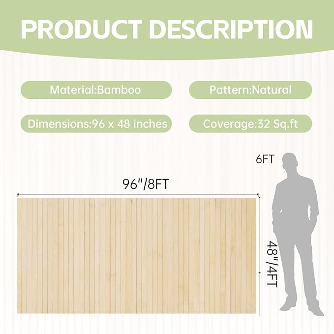 Bamboo Wall Panels for Interior Wall Decor（48"H x 96"L）Natural Wainscoting Panels Wall Paneling for Living Room Decor, Tiki Bar,Kitchen,Ceiling Tiles, Pole Wrap Wood Roll,Wall Decor for Bedroom