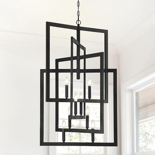 Black Farmhouse Chandelier, 8-Light Lantern Pendant Light Fixtures, Rustic Industrial Foyer Lighting Fixtures, Large Chandeliers for High Ceilings, for Kitchen Island, Hallway, Staircase, Entryway