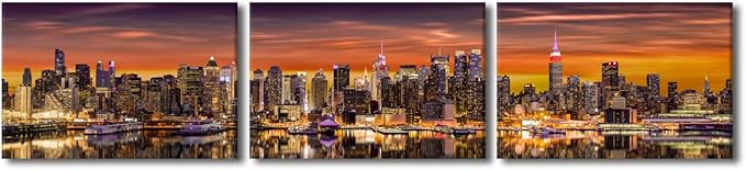 Canvas Wall Art for Living Room New York City Panorama Modern Home Decor Cityscape Sunrise View HD Printed Posters for Bedroom Office Wall Art Painting Bathroom Pictures Ready to Hang 14x60 Inch