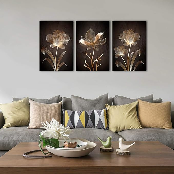 arteWOODS Abstract Wall Art Golden Flowers Canvas Pictures Contemporary Minimalism Abstract Artwork for Bedroom Bathroom Living Room Wall Decor 16" x 24" x 3 Pieces