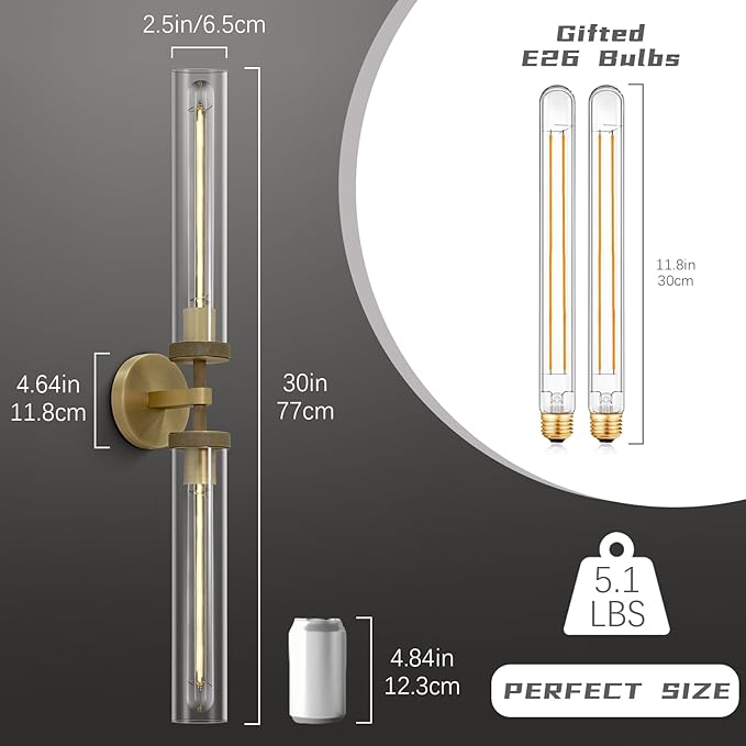 30" Bathroom Wall Sconce, Brass Wall Sconces Hardwired, Gold Wall Sconce Dimmable, Knurled Linear Sconces Wall Lighting with Glass Tube, Vanity Light for Bathroom, Living Room, Bedroom