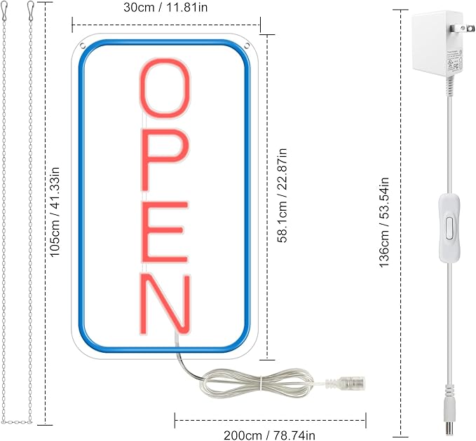 22.8"x 11.8" Ultra Bright 12V Neon Open Sign for Business, LED Open Neon Sign, Electric Light up Signs for Stores, Restaurants Offices Retail Shops Window (Blue-Red-Vertical)