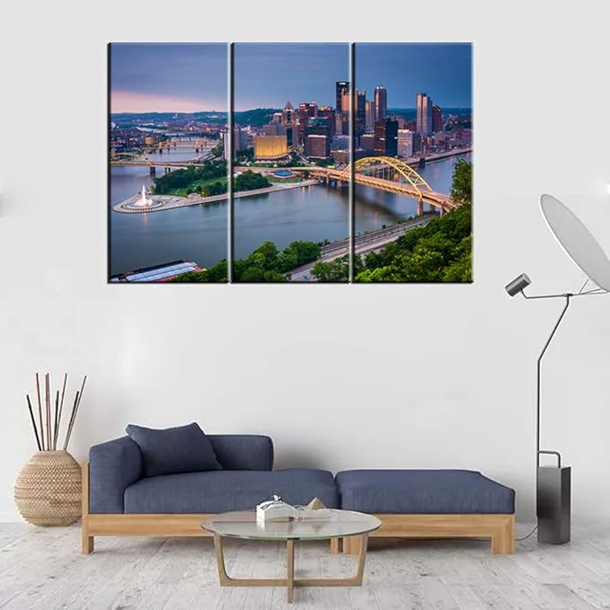 Canvas Wall Art Prints Modern Pittsburgh Cityscape Incline in Mount Washington Painting Stretched and Framed Modern Colorful Pennsylvania Skyline Buildings Picture for Home Office Decor - 28H x 42W