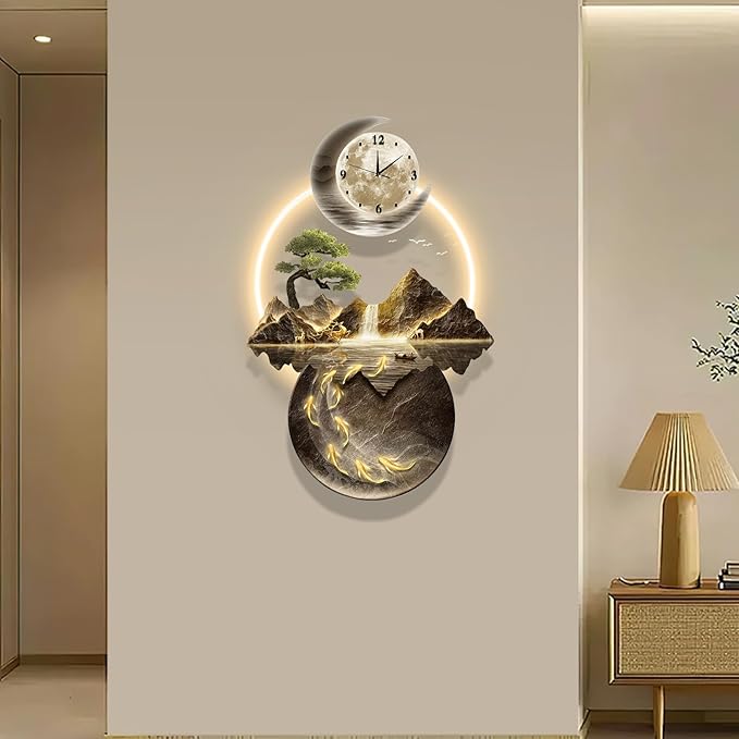 LED Light Art Wall Decor, 3D Art Wall Decor Clock, Decors Walls Sculptures with Lights, Modern Home Decors Landscape Walls Sculpture, Plug-in Power Supply, Gold e, 23x47IN