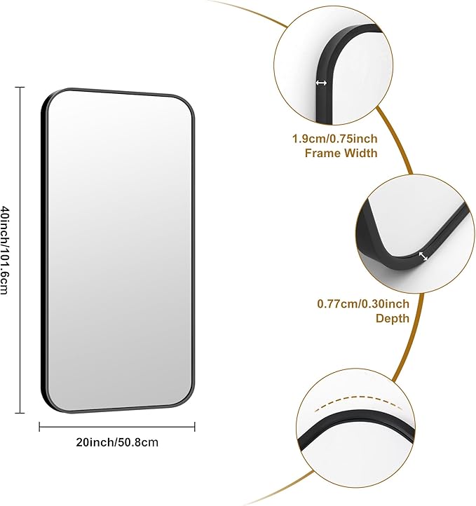 KOCUUY Black Bathroom Mirror, 20" x 40" Metal Frame Rectangle Mirror with Rounded Corner, Classic Design of Upgraded Shatterproof Glass for Bathroom, Bedroom, Living Room, Entryway
