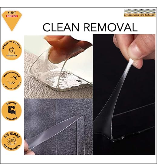 KLAPiT Super Tape Double Sided Heavy Duty Mounting with Enhanced NanoTechnology Holds upto 350lbs/1.27lb per Inch for Home, office, kitchen bathroom works on Walls, Wood, Metal, Glass, Ceramic [23 Ft]