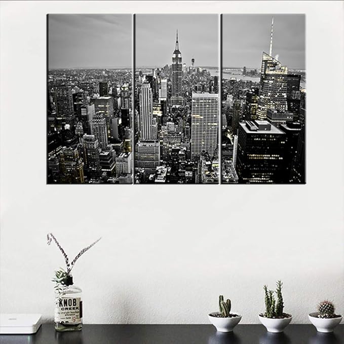 3 Pieces Canvas Wall Art Black and White New York City Skyline at Night Wall Art Manhattan Downtown Urban Skyline Pictures Modern Home Decor Stretched and Framed Ready to Hang - 24‘’x12‘’x3 panels