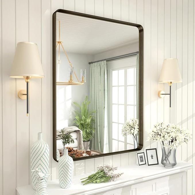 26x36 Inch Bronze Framed Mirror, Brushed Bronze Metal Bathroom Vanity Mirror for Wall, Modern Rectangle Mirror, Rounded Corner, Anti-Rust (Horizontal/Vertical)