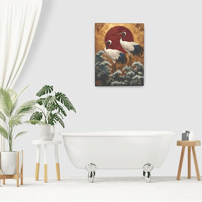 Japanese Crane Wall Art Gold Oriental Asian Wall Decor Sandhill Crane Canvas Pictures Paintings Prints Japan Traditional Aesthetic Artwork Framed Chinese Decorations For Bedroom Living Room Office Gifts 16" x 20"
