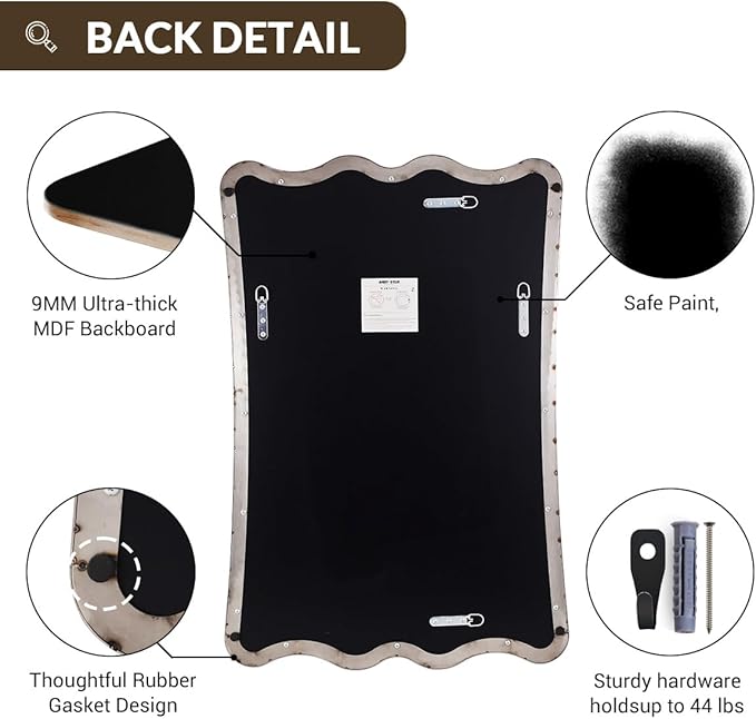 ANDY STAR Brushed Nickel Scalloped Rectangle Mirror, 24x36 Wavy Bathroom Mirror for Vanity, Asymmetrical Shaped for Entryway, Bedroom, Decor, Anti-Rust Stainless Steel Frame