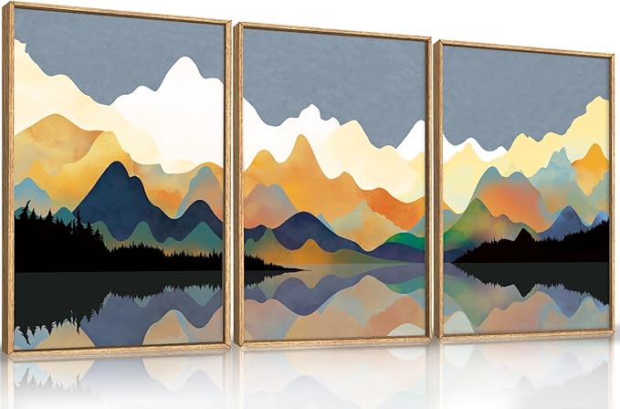 Large Abstract Mountain Lake Framed Canvas Wall Art,Watercolor Boho Forest Wall Decor,Colorful Ridge Landscape Artwork,Modern Wilderness Art Print for Living Room,Bedroom,Office- 16"x24"x3
