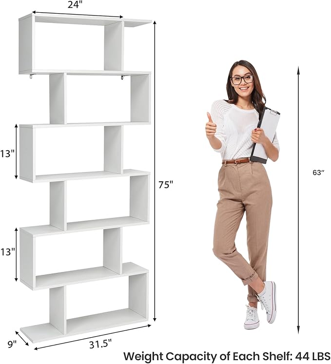 6 Tier Geometric Bookcase, S Shaped Bookshelf, Book Shelf Room Divider, Wood Freestanding Display Shelves, 75 Inch Staggered Bookshelf for Bedroom Living Room (1, White)