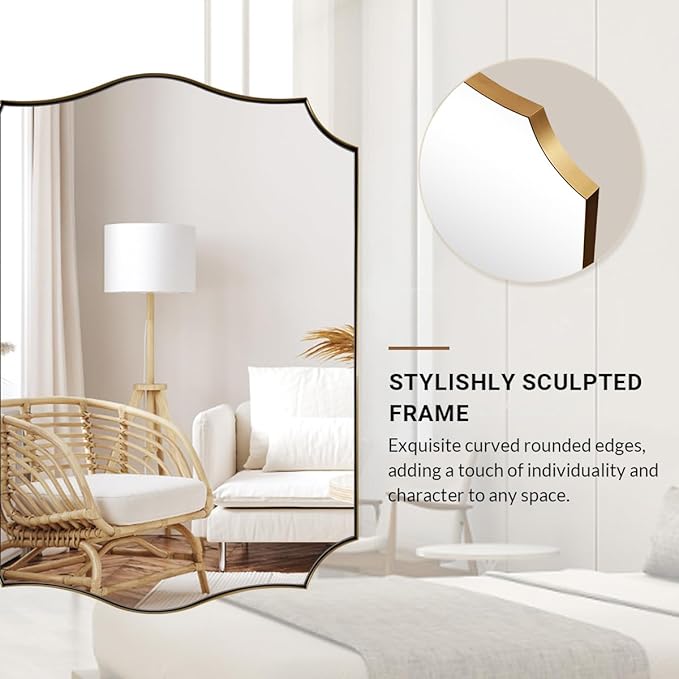 ANDY STAR Bathroom Mirror, 28x36 Inch Brushed Gold Vanity Mirror, Stainless Steel Metal Frame with Sophisticated Curved Design, Anti-Rust, Ideal for Bathroom, Living Room, Bedroom