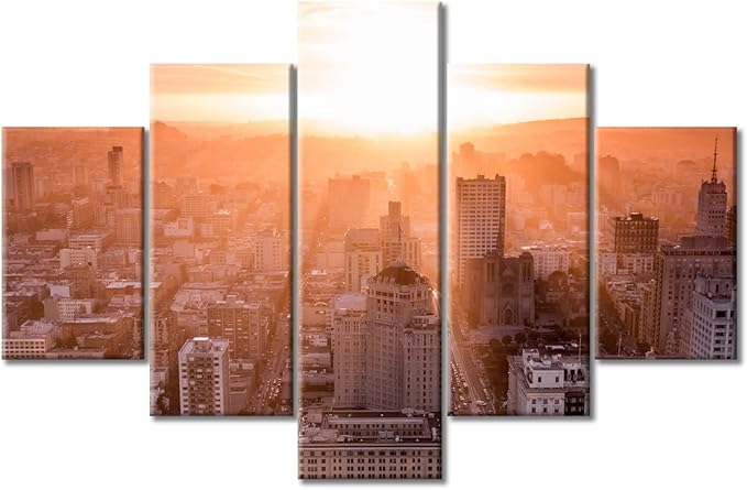 5 Pieces California Cityscape Home Decor Artwork Paintings Cityscape at Sunset Skyscraper Modern Artwork Print on Canvas Giclee Wooden Framed Gallery-Wrapped Ready to Hang (60" Wx40 H)