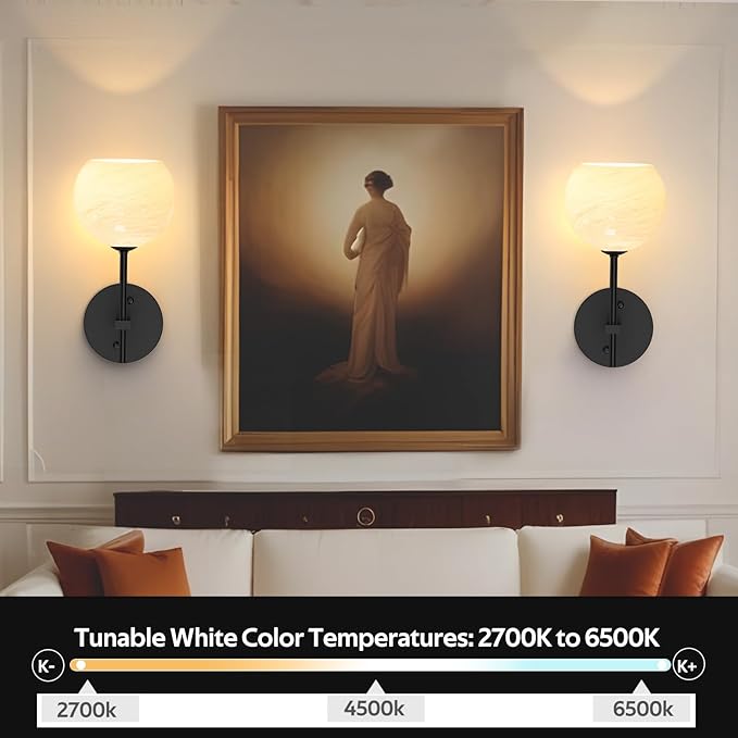 MOITA Wall Sconces Set of Two, Wireless Battery Operated Wall Decor with Remote, Sconces Wall Lighting with Glass Shade, Upward and Downward Installation, 12 RGB Colors and 3 CCT Options