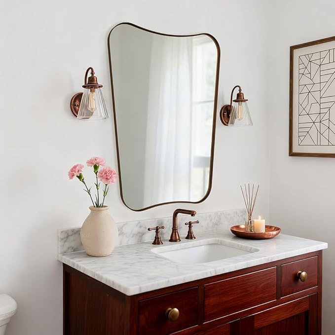 ANDY STAR Brushed Bronze Asymmetrical Mirror, 22"x30" Bathroom Mirror for Over Sink, Premium Stainless Steel Thin Frame, Antique Bronze Mirror for Wall, Butterfly-Inspired Designer Decor