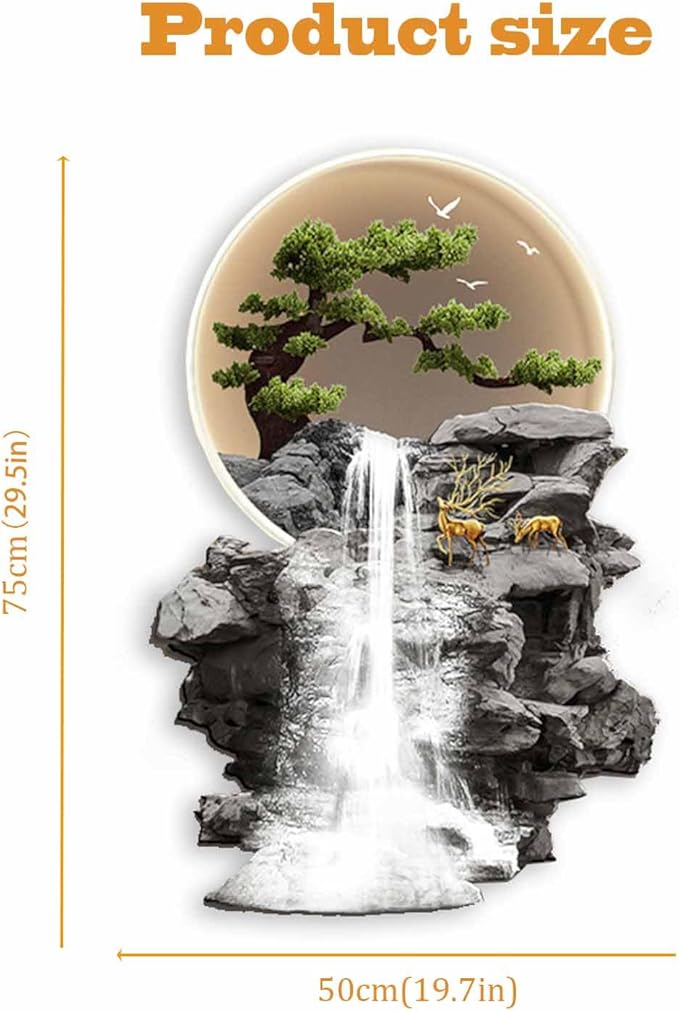 3D Oriental Waterfall Wall Art with LED Light,Oriental Welcoming Pine Landscape for Living Room Office Decor,Modern Art Wall Decor Sculptures, Plug-in Power Supply, Remote Control（50 * 75cm）