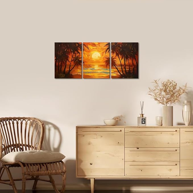 MAMAGO 3 Panels Coastal Sunset Canvas Wall Art Oil Painting Style Seascape Skyline Print Poster Beach Tropical Coconut Trees Modern Home Artwork Framed Easy to Hang-12”W x 16”Hx3pcs