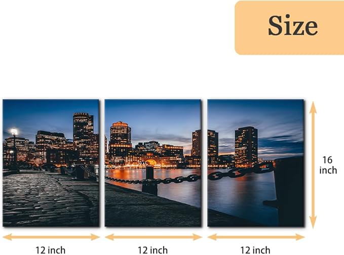 Pacimo Canvas Print Wall Art Set Boston Harbor Pictures Painting Realism Contemporary Cityscape Skyscrapers Modern Artwork for Living Room Bedroom Office Stretch and Framed - 12"x16"x3 Panels