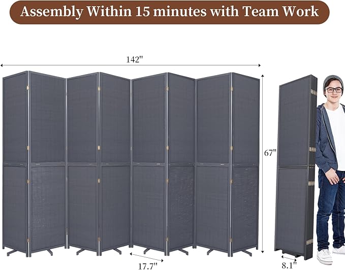 Bamboo Room Divider 8 Panel Wall Divider, 142'' W x 67'' H Folding Design with Extra Stable Base, 100% Bamboo Room Divider Screen for Room Separation, Chinese Room Partitions and Dividers Freestanding