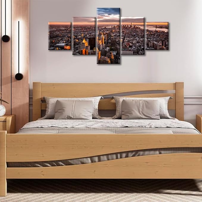 5 Panel City View Canvas Wall Art Manhattan Skyline Wall Decor for Living Room City Panorama Pictures Home Decorations for Living Room Print on Canvas Stretched and Framed Ready to Hang (50"Wx24"H)