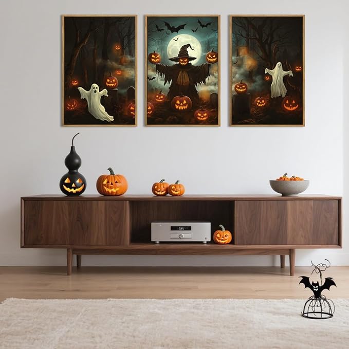 Anyzal Halloween Ghost Wall Art Spooky Pumpkin Wall Decor Dark Forest Artwork for Living Room Bedroom Dining Room16x24 Inch Set of 3