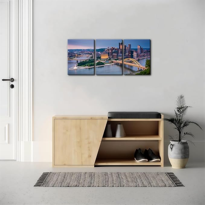 Pacimo Canvas Wall Decor for Living Room Bedroom Office Pittsburgh Cityscape Wall Art for Decorations Mount Washington Canvas Wall Prints City Skyline Picture for Home Decor Framed - 12"x16"x3 Panels