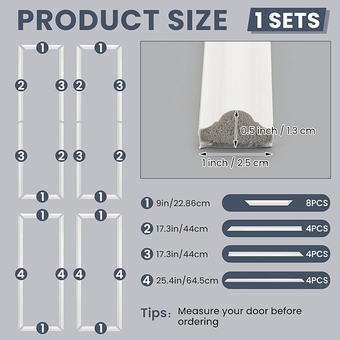 1 Set Peel and Stick Door Moulding Kit 3-Layer Premade Door Panels Molding Trim Self Adhesive 3D Trim for Mirror Window Frame Decor(Top 9"x34.6"*2, Bottom 9" X 25.4"*2)