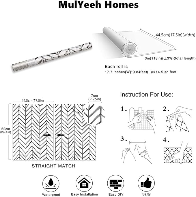 MulYeeh 17.5'' x 314'' Adhesive Peel and Stick Paper Herringbone Black White Wallpaper Removable Wall Covering Prepasted Decorative