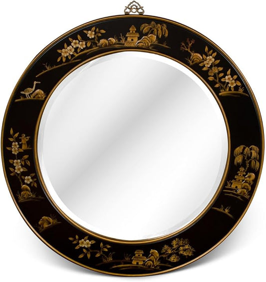 ChinaFurnitureOnline Black Lacquer Chinoiserie Scenery Motif Oriental Round Mirror