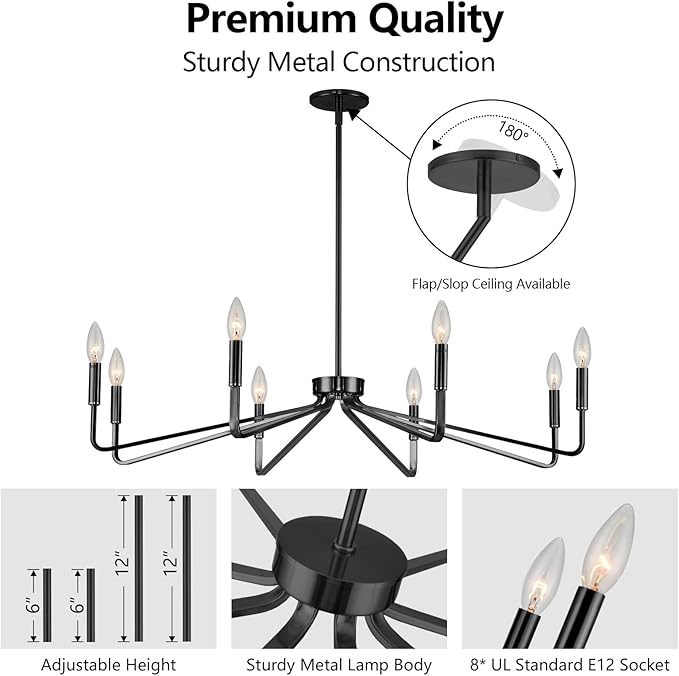 38" Black Chandeliers for Dining Room, 8-Light Modern Farmhouse Candle Style Chandelier, Industrial Hanging Ceiling Light Fixture for Living Room, Kitchen Island, Living Room