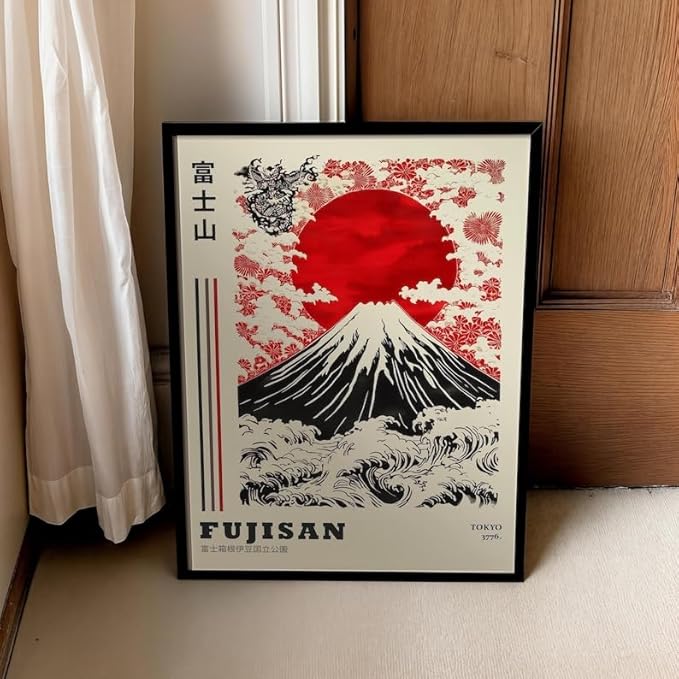 Mount Fuji Poster, Traditional Japanese Wall Art Print with Red Sun and Wave Landscape, Japandi Style Asian Home Decor for Bedroom, Living Room or Gallery Wall (Unframed) (11x14)