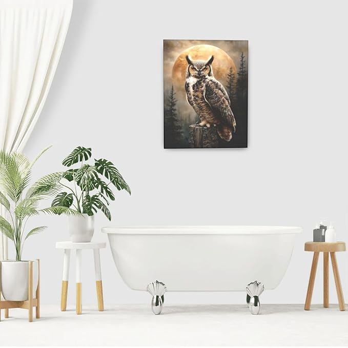 Cabin Owl Wall Art Moon and Forest Canvas Wall Decor Rustic Animal Pictures Paintings Prints Mystical Wildlife Artwork Framed Decorations For Bathroom Bedroom Living Room Office Gifts 16" x 20"