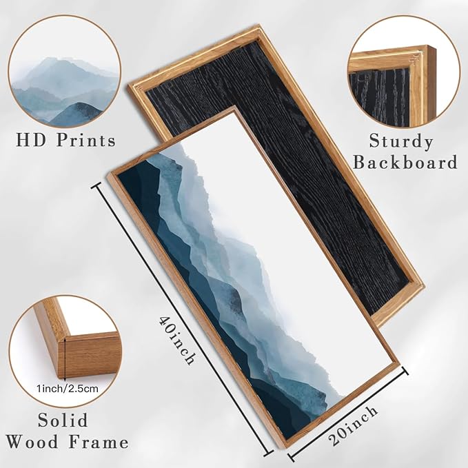 BINCUE Blue Framed Mountain Landscape Wall Art Fog Mountain Painting Wall Decor for Bedroom Living Room Office Decor 40" Lx20 W