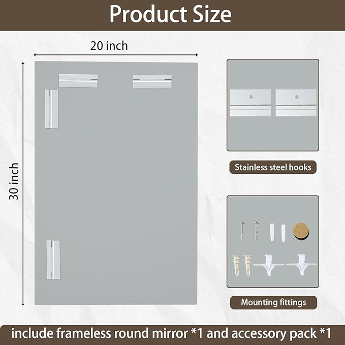 20x30 inch Beveled Bathroom Mirror, Rectangle Frameless Mirror, 1" Polished Beveled Edge Square Mirror for Bathroom, Living Room, Bedroom