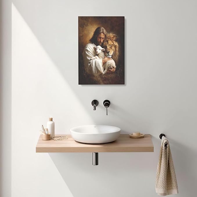 Jesus Lion Lamb Wall Art Christian Jesus Wall Decor Lion of Judah Pictures Religious God Canvas Painting Print Christ Artwork Decoration for Living Room Bedroom Church Framed Gifts 16”X24”