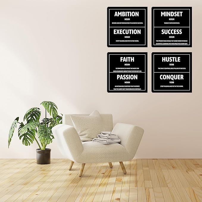 Motivational Office Wall Decor Inspirational Success Canvas Wall Art Hustle Mindset 3 Pieces Posters Prints Wall Picture Artwork Home Living Room Bedroom Framed Ready to Hang - 12"x12"x4PCS